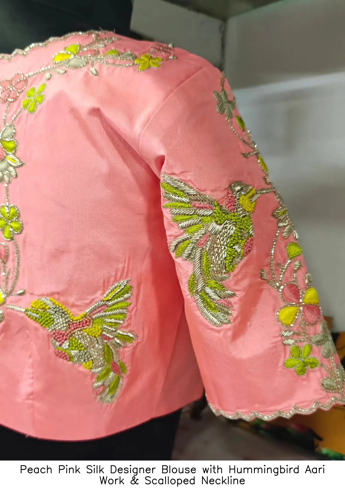 Peach Pink Silk Designer Blouse with Hummingbird Aari Work & Scalloped Neckline - Image 3