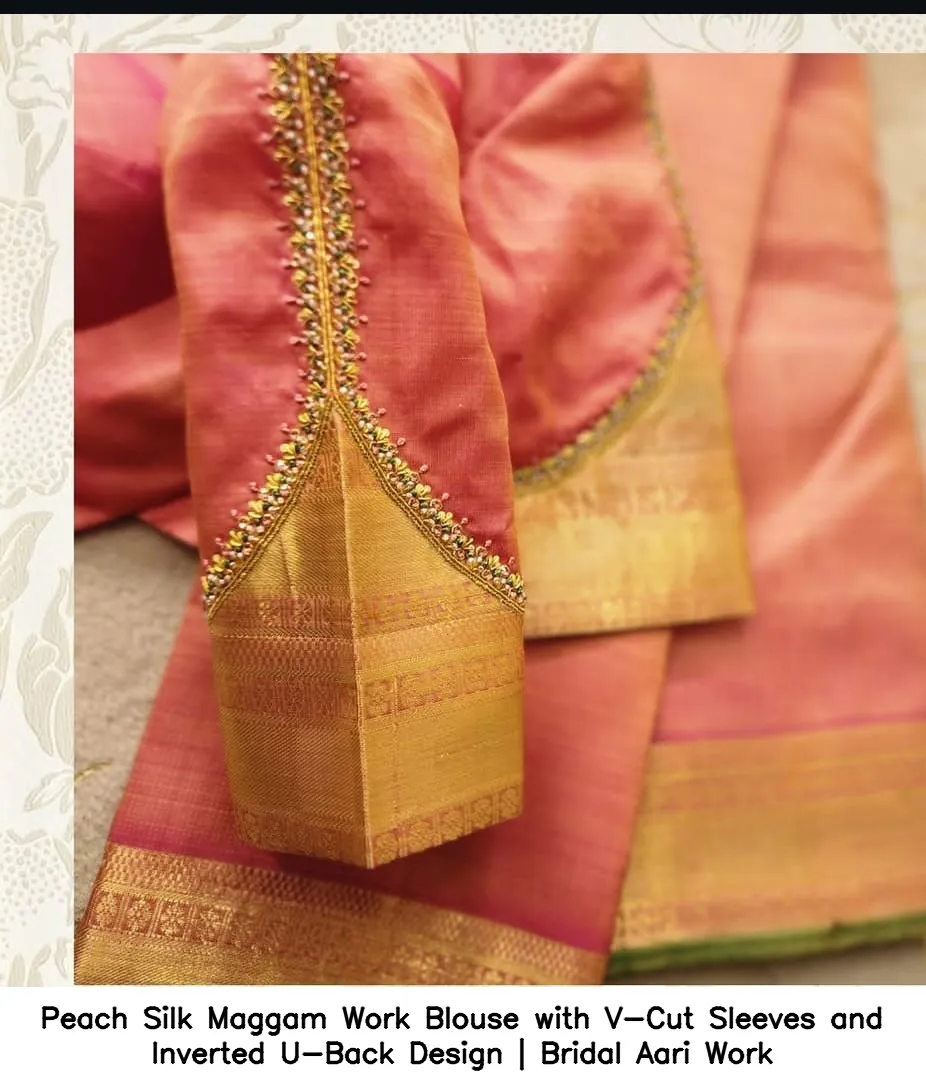 Peach Silk Maggam Work Blouse with V-Cut Sleeves and Inverted U-Back Design | Bridal Aari Work