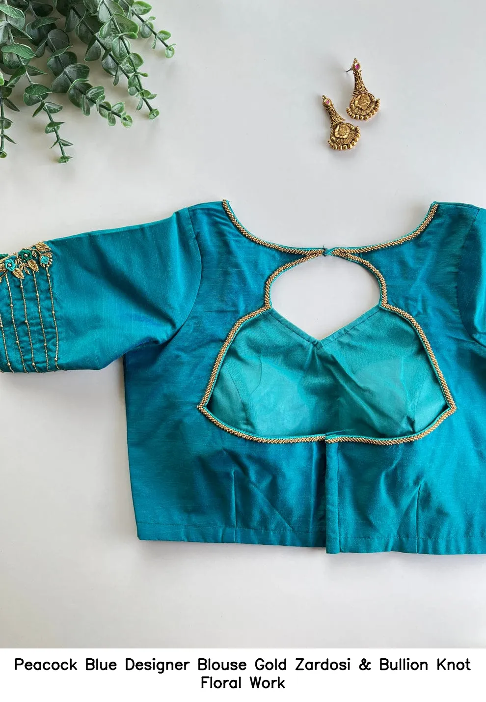 Peacock Blue Designer Blouse – Gold Zardosi & Bullion Knot Floral Work