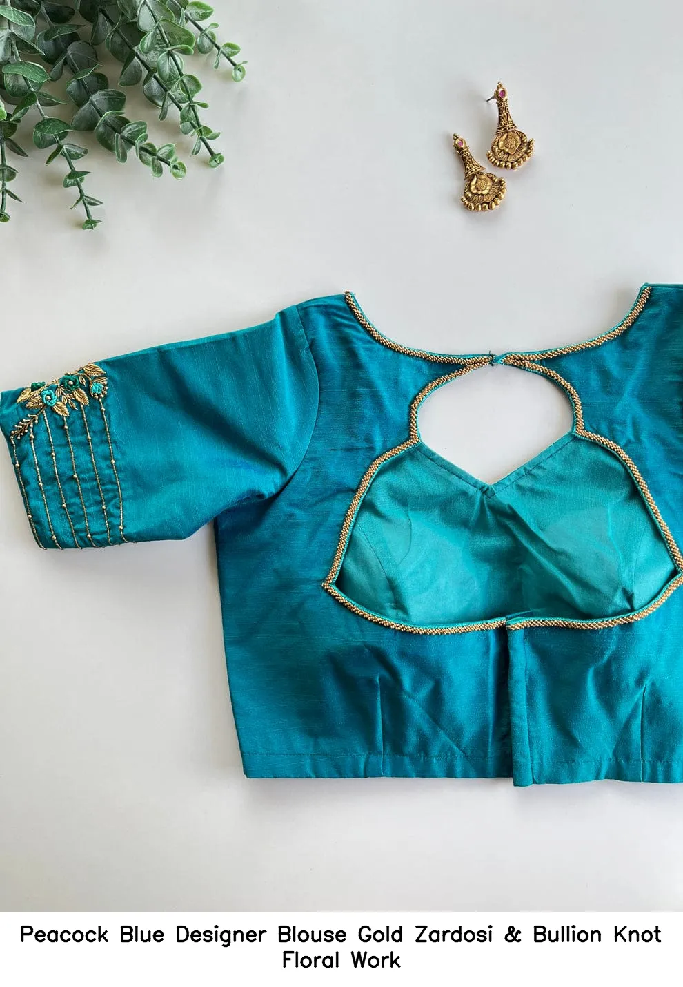 Peacock Blue Designer Blouse – Gold Zardosi & Bullion Knot Floral Work - Image 2