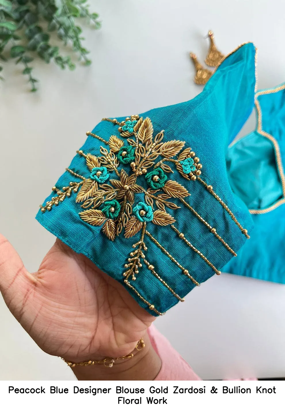 Peacock Blue Designer Blouse – Gold Zardosi & Bullion Knot Floral Work - Image 3
