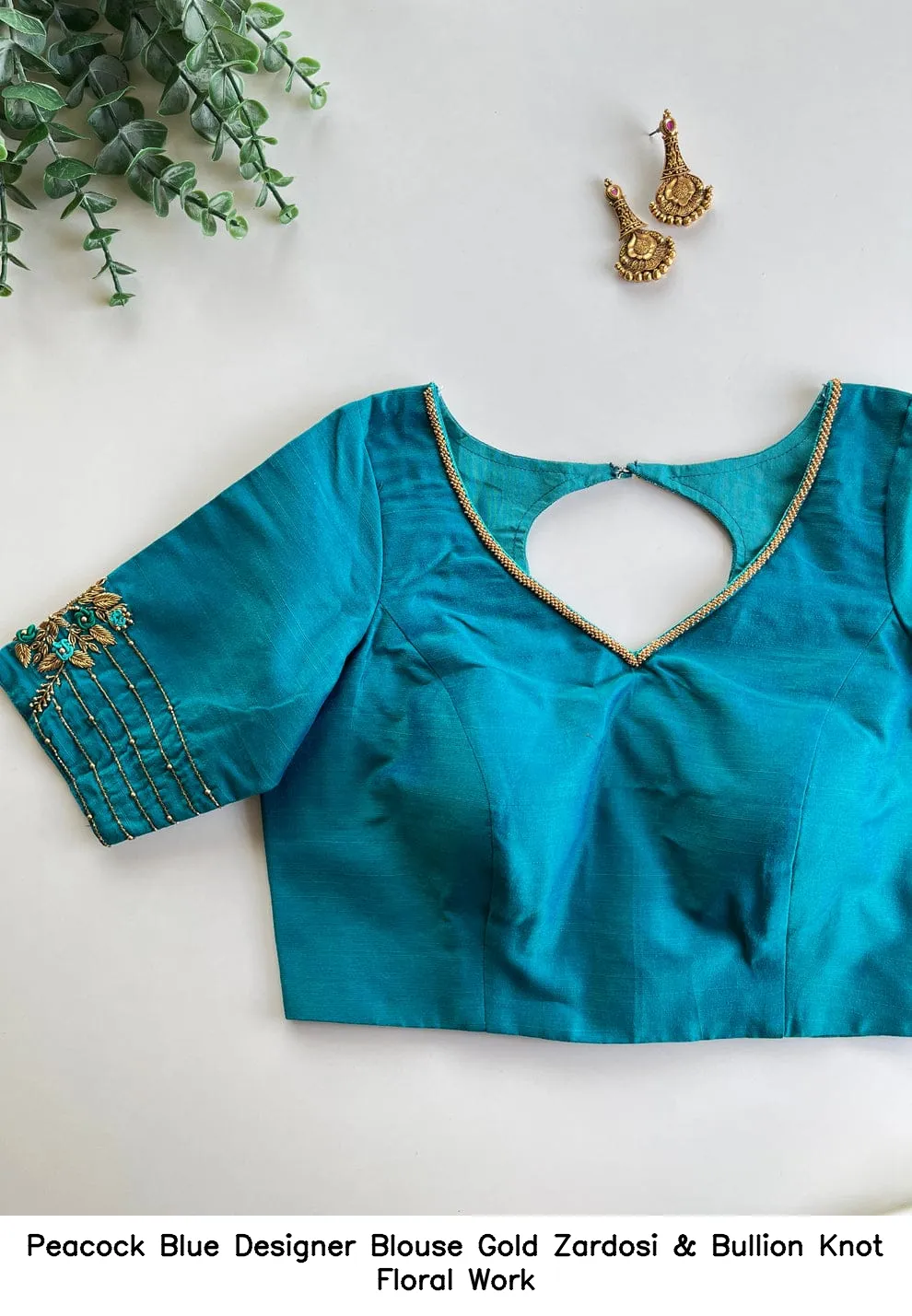 Peacock Blue Designer Blouse – Gold Zardosi & Bullion Knot Floral Work - Image 4