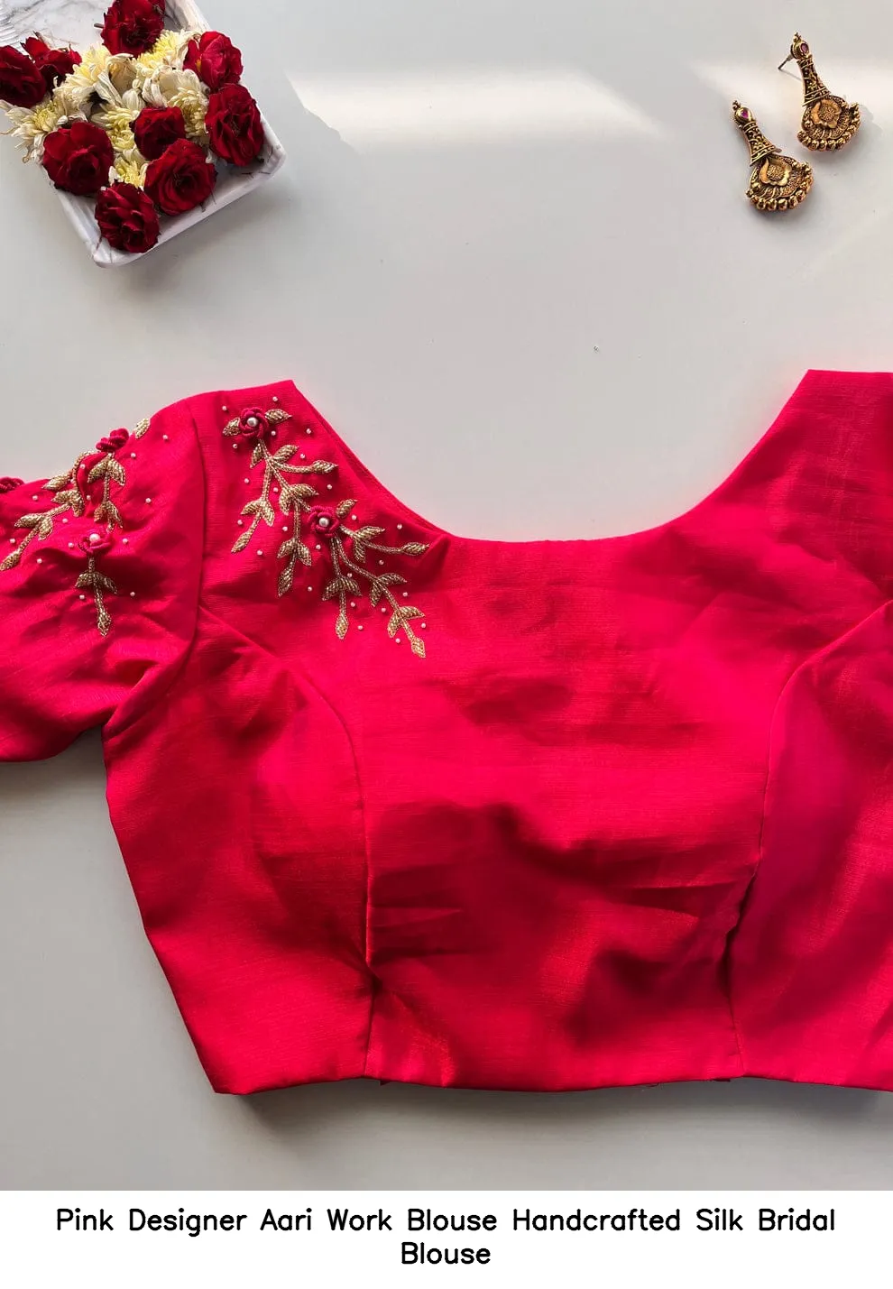 Pink Designer Aari Work Blouse – Handcrafted Silk Bridal Blouse