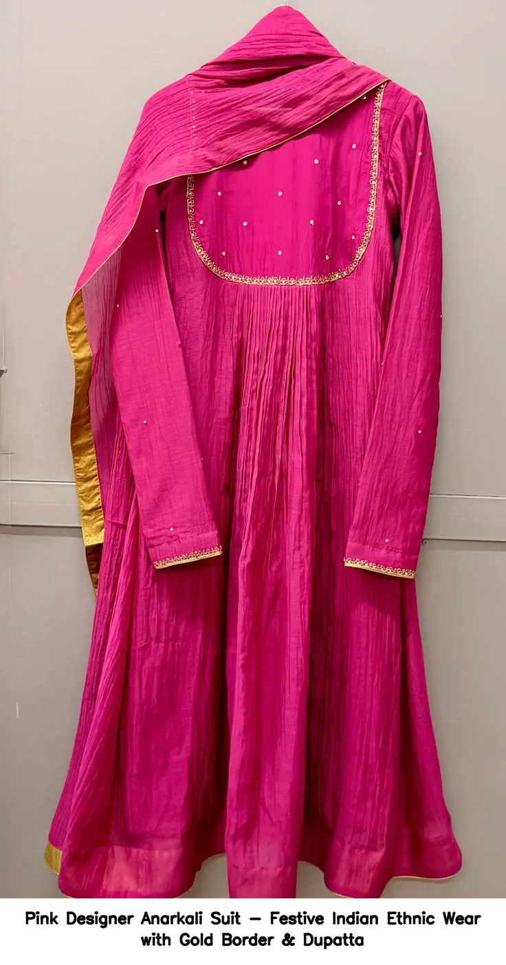 Pink Designer Anarkali Suit - Festive Indian Ethnic Wear with Gold Border & Dupatta