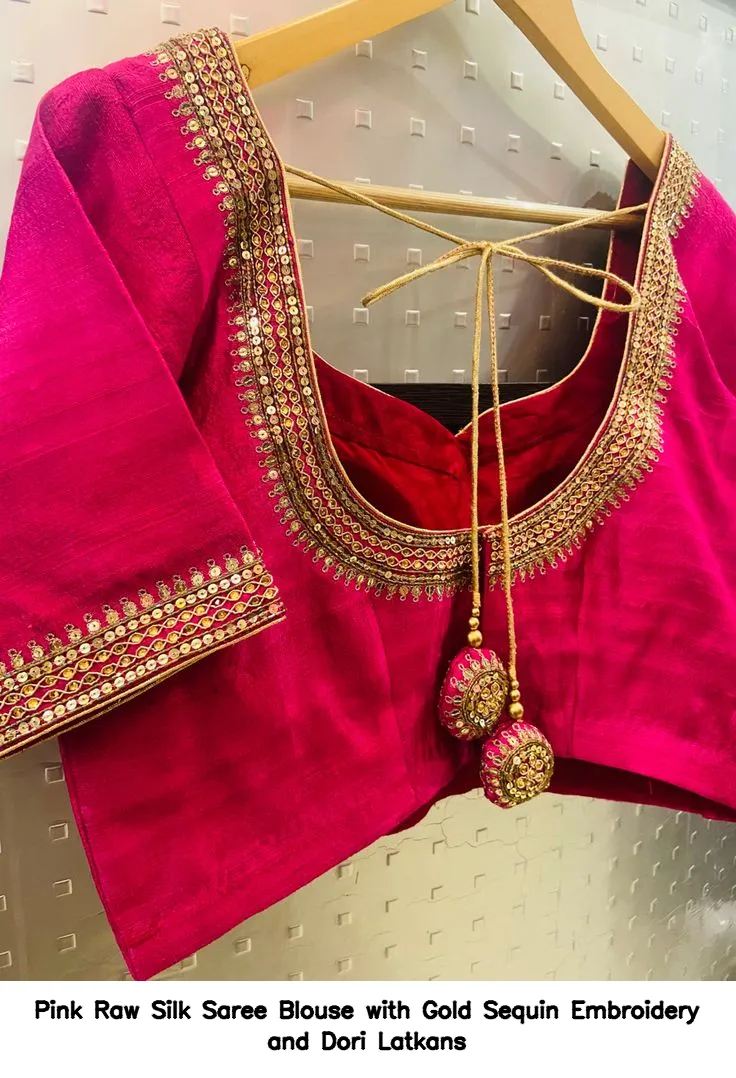 Pink Raw Silk Saree Blouse with Gold Sequin Embroidery and Dori Latkans