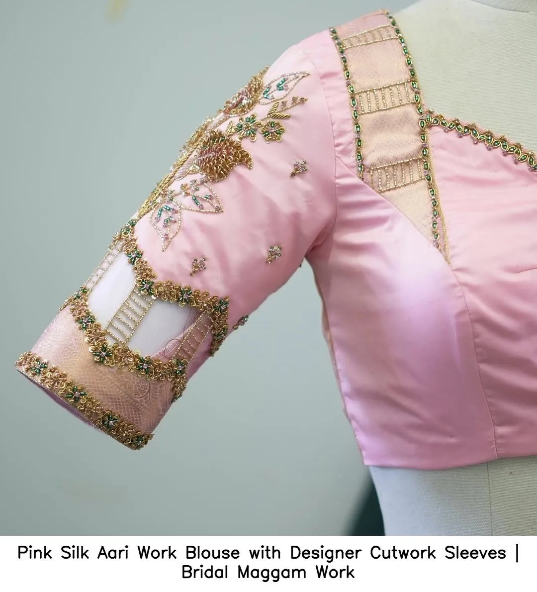 Pink Silk Aari Work Blouse with Designer Cutwork Sleeves | Bridal Maggam Work