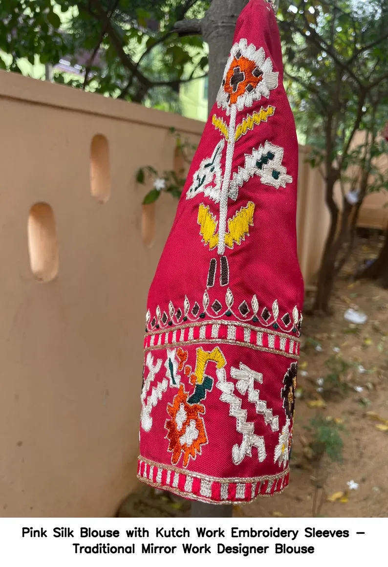 Pink Silk Blouse with Kutch Work Embroidery Sleeves - Traditional Mirror Work Designer Blouse - Image 3