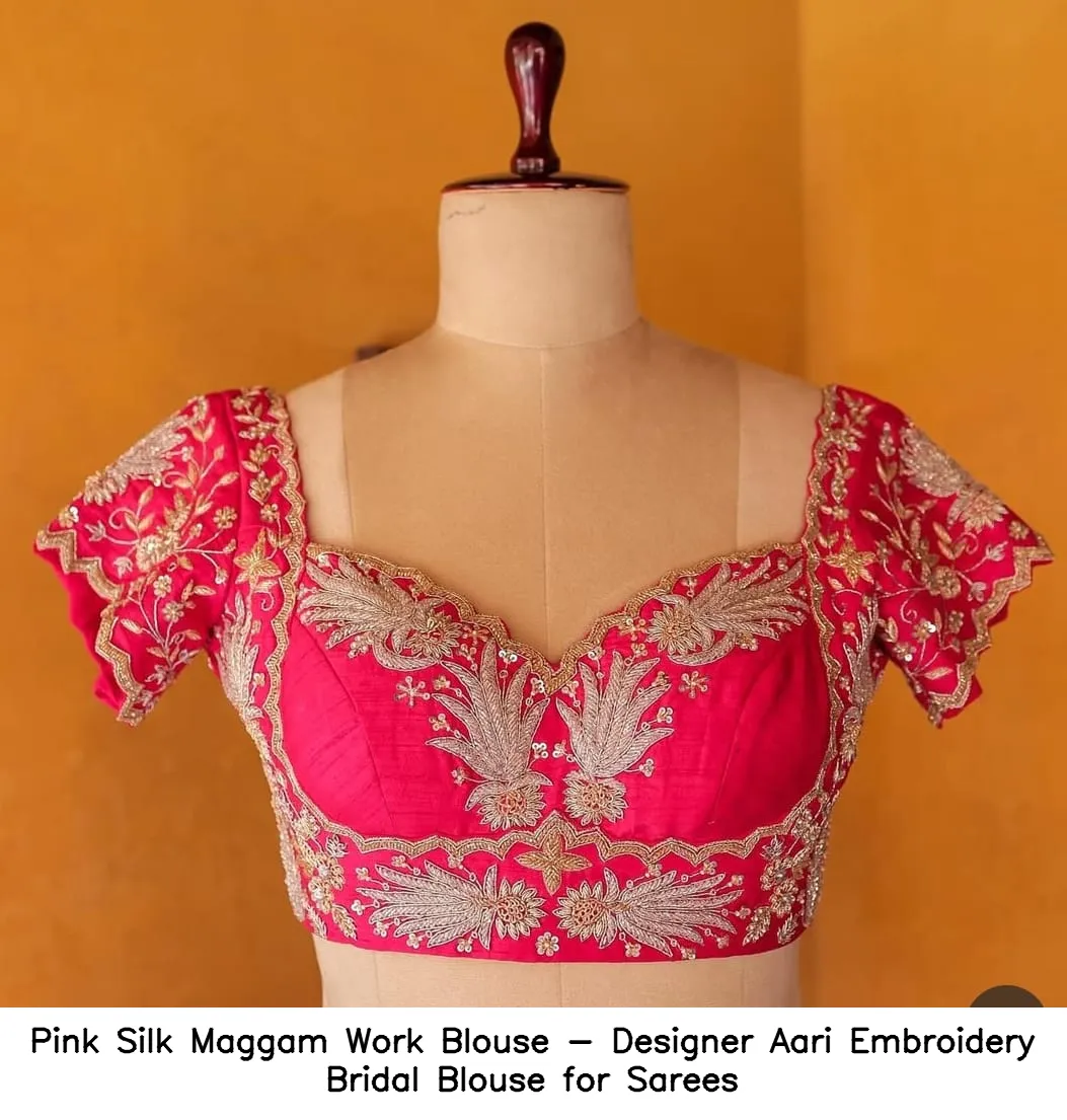 Pink Silk Maggam Work Blouse - Designer Aari Embroidery Bridal Blouse for Sarees