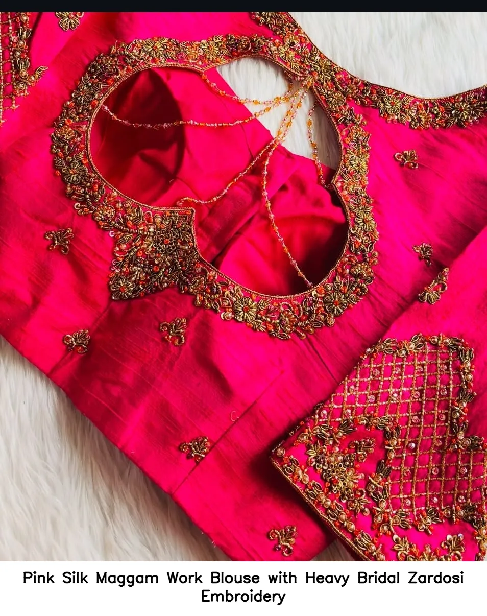 Pink Silk Maggam Work Blouse with Heavy Bridal Zardosi Embroidery