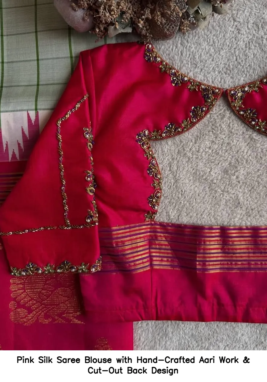 Pink Silk Saree Blouse with Hand-Crafted Aari Work & Cut-Out Back Design