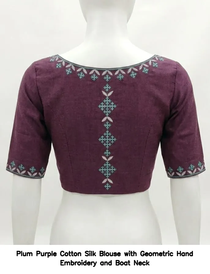 Plum Purple Cotton Silk Blouse with Geometric Hand Embroidery and Boat Neck
