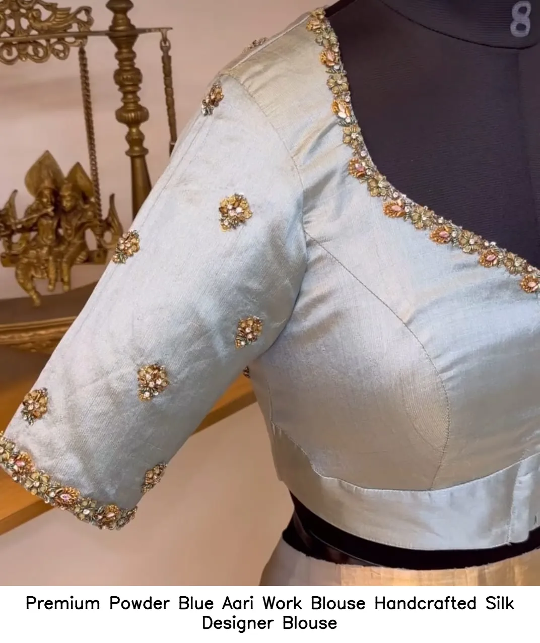 Premium Powder Blue Aari Work Blouse – Handcrafted Silk Designer Blouse