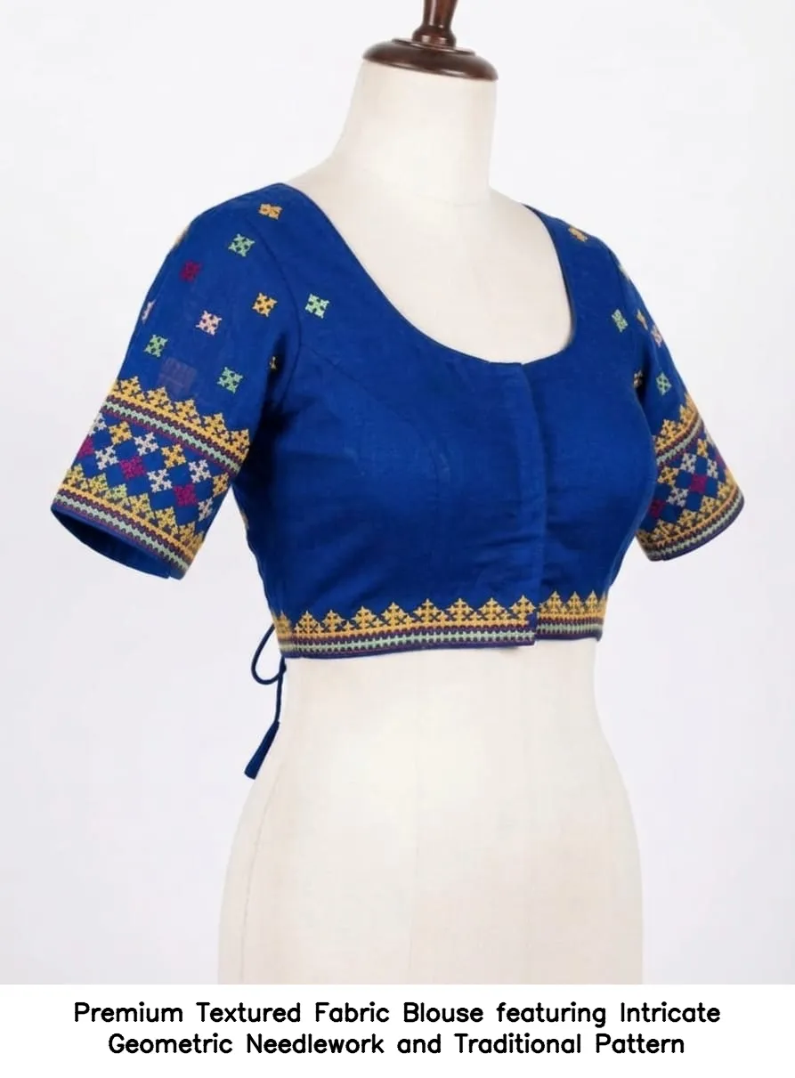 Premium Textured Fabric Blouse featuring Intricate Geometric Needlework and Traditional Pattern