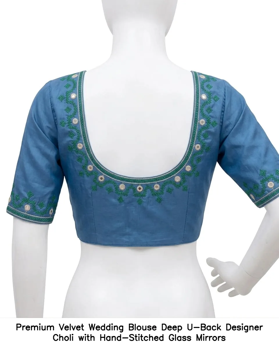Premium Velvet Wedding Blouse – Deep U-Back Designer Choli with Hand-Stitched Glass Mirrors
