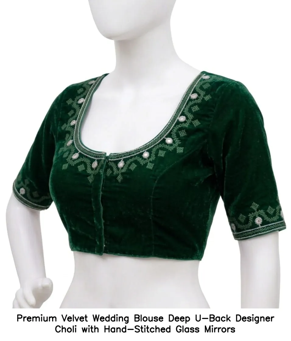 Premium Velvet Wedding Blouse – Deep U-Back Designer Choli with Hand-Stitched Glass Mirrors - Image 2