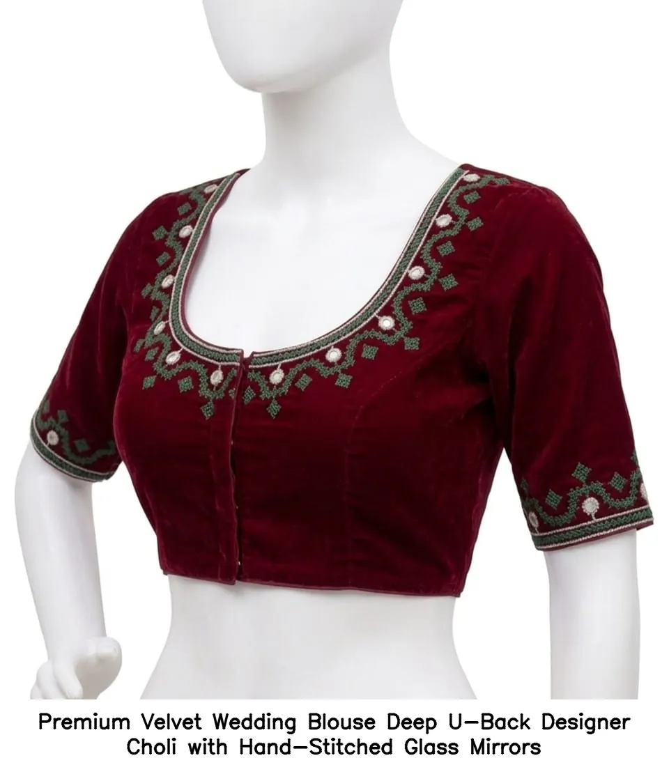 Premium Velvet Wedding Blouse – Deep U-Back Designer Choli with Hand-Stitched Glass Mirrors - Image 3