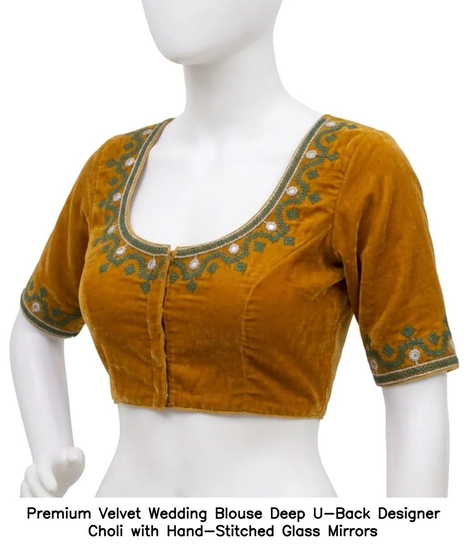 Premium Velvet Wedding Blouse – Deep U-Back Designer Choli with Hand-Stitched Glass Mirrors - Image 4