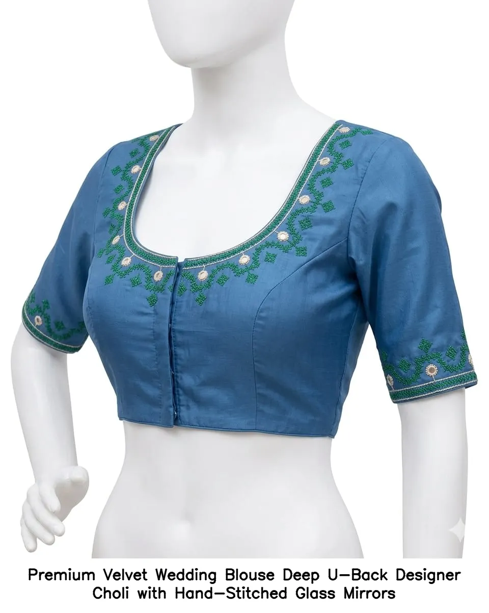 Premium Velvet Wedding Blouse – Deep U-Back Designer Choli with Hand-Stitched Glass Mirrors - Image 5