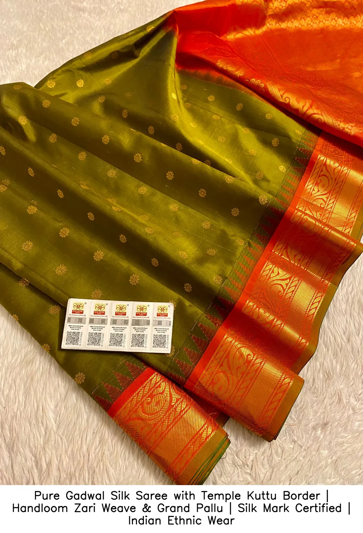 Pure Gadwal Silk Saree with Temple Kuttu Border | Handloom Zari Weave & Grand Pallu | Silk Mark Certified | Indian Ethnic Wear