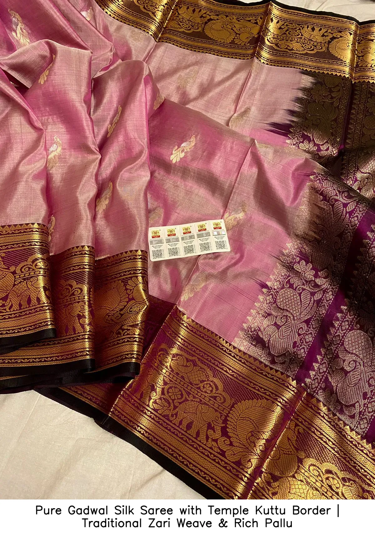 Pure Gadwal Silk Saree with Temple Kuttu Border | Traditional Zari Weave & Rich Pallu