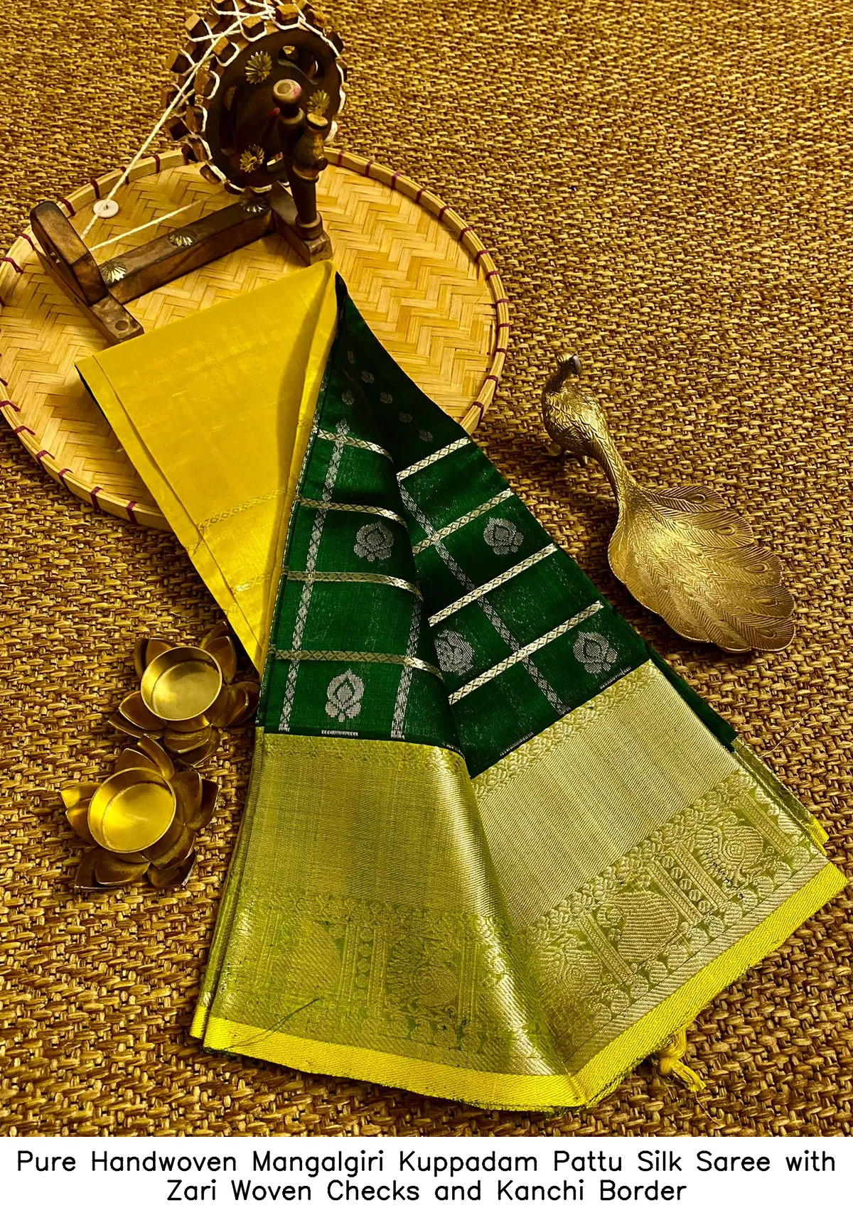 Pure Handwoven Mangalgiri Kuppadam Pattu Silk Saree with Zari Woven Checks and Kanchi Border