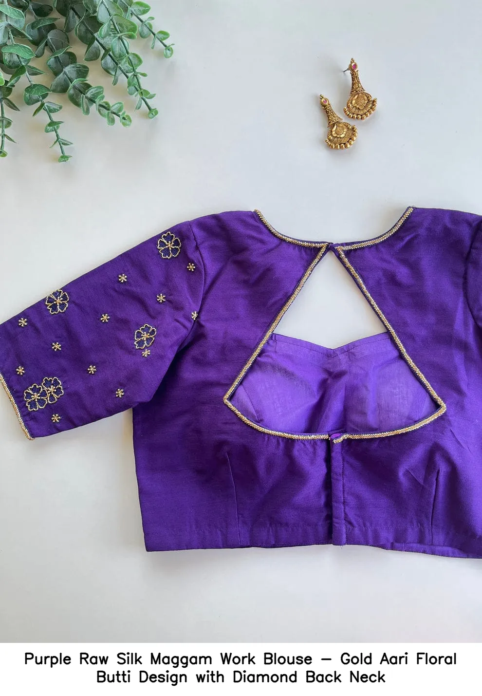 Purple Raw Silk Maggam Work Blouse - Gold Aari Floral Butti Design with Diamond Back Neck