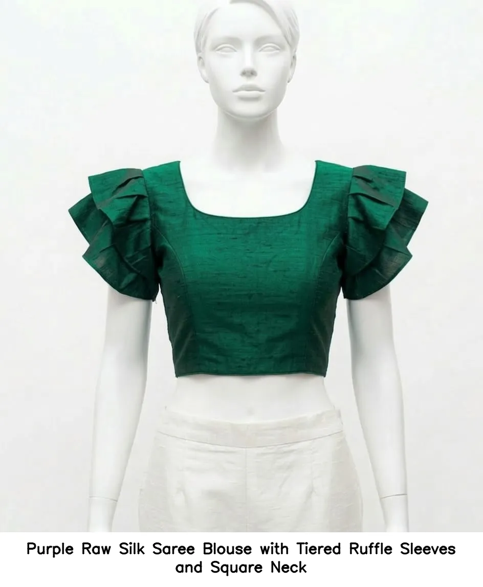 Purple Raw Silk Saree Blouse with Tiered Ruffle Sleeves and Square Neck