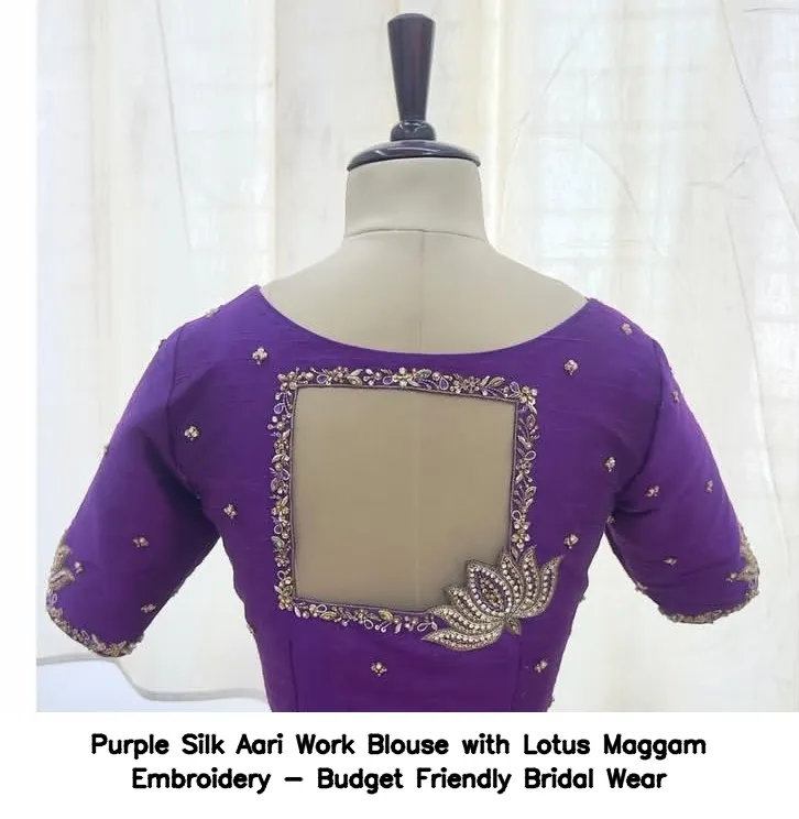 Purple Silk Aari Work Blouse with Lotus Maggam Embroidery - Budget Friendly Bridal Wear - Image 2