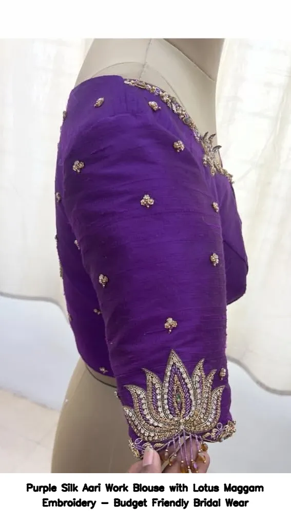 Purple Silk Aari Work Blouse with Lotus Maggam Embroidery - Budget Friendly Bridal Wear - Image 3