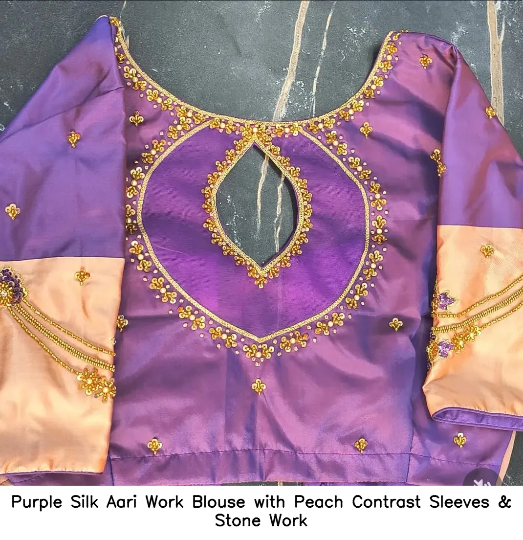 Purple Silk Aari Work Blouse with Peach Contrast Sleeves & Stone Work