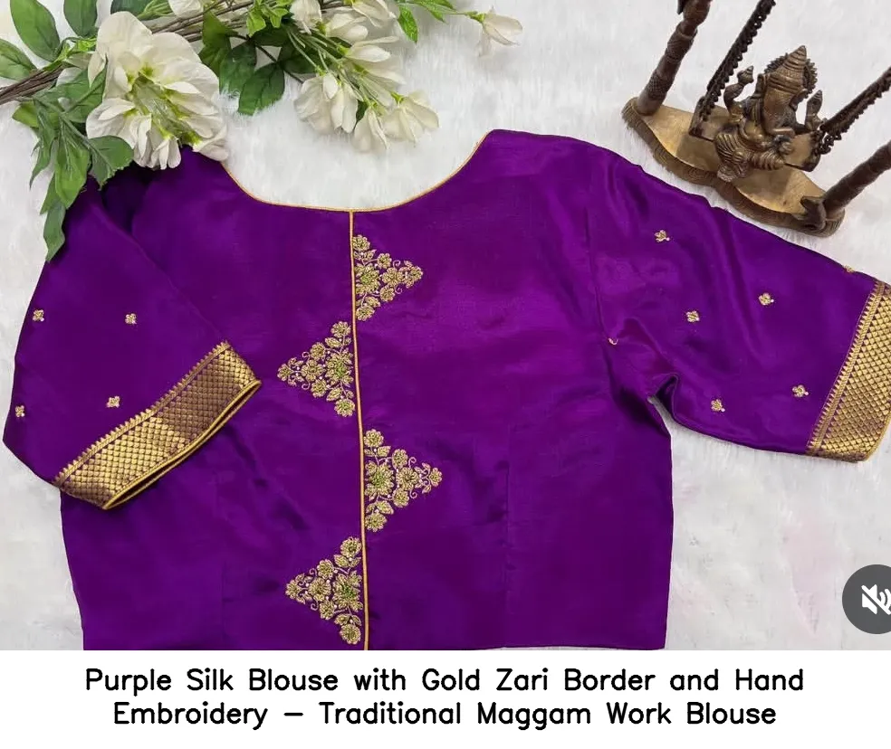 Purple Silk Blouse with Gold Zari Border and Hand Embroidery - Traditional Maggam Work Blouse