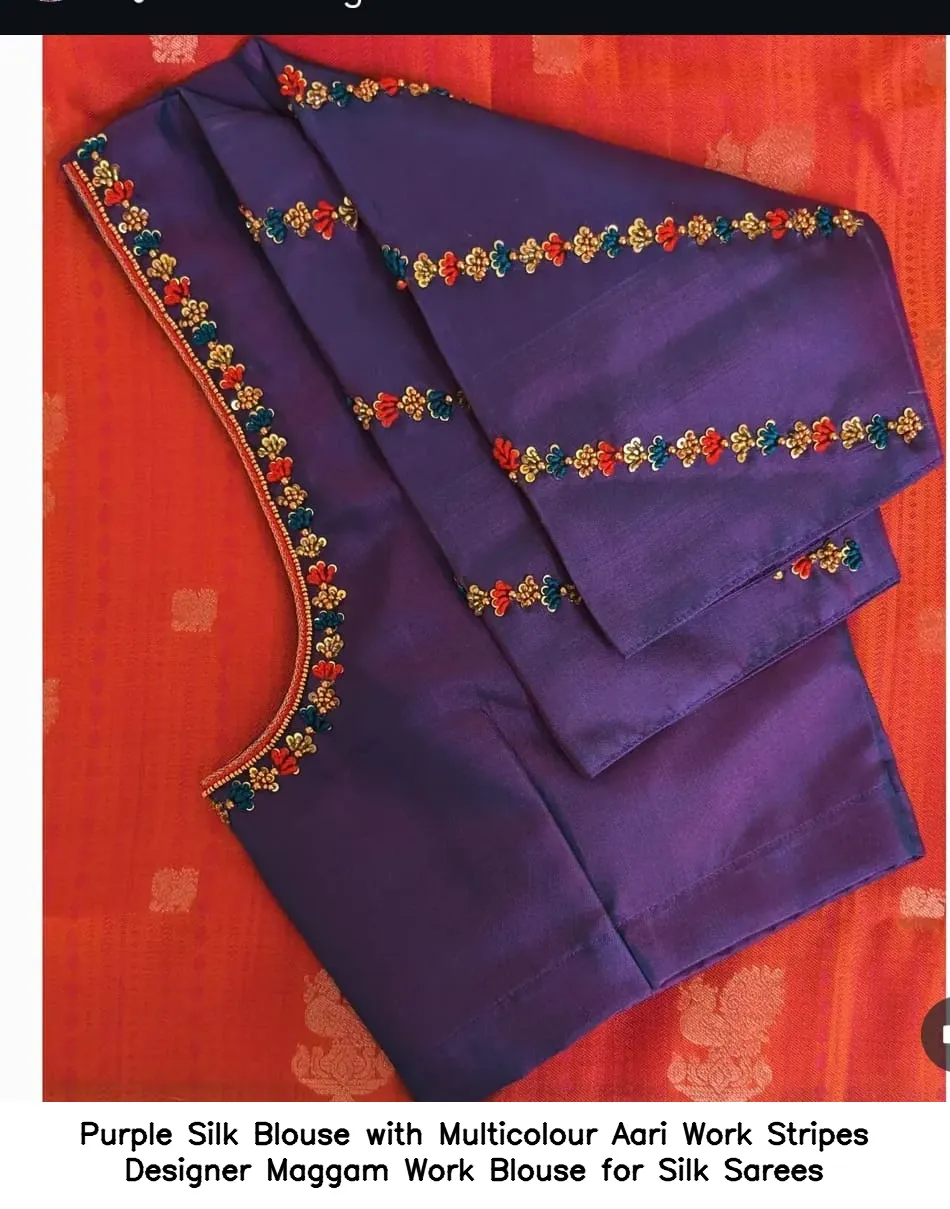 Purple Silk Blouse with Multicolour Aari Work Stripes – Designer Maggam Work Blouse for Silk Sarees