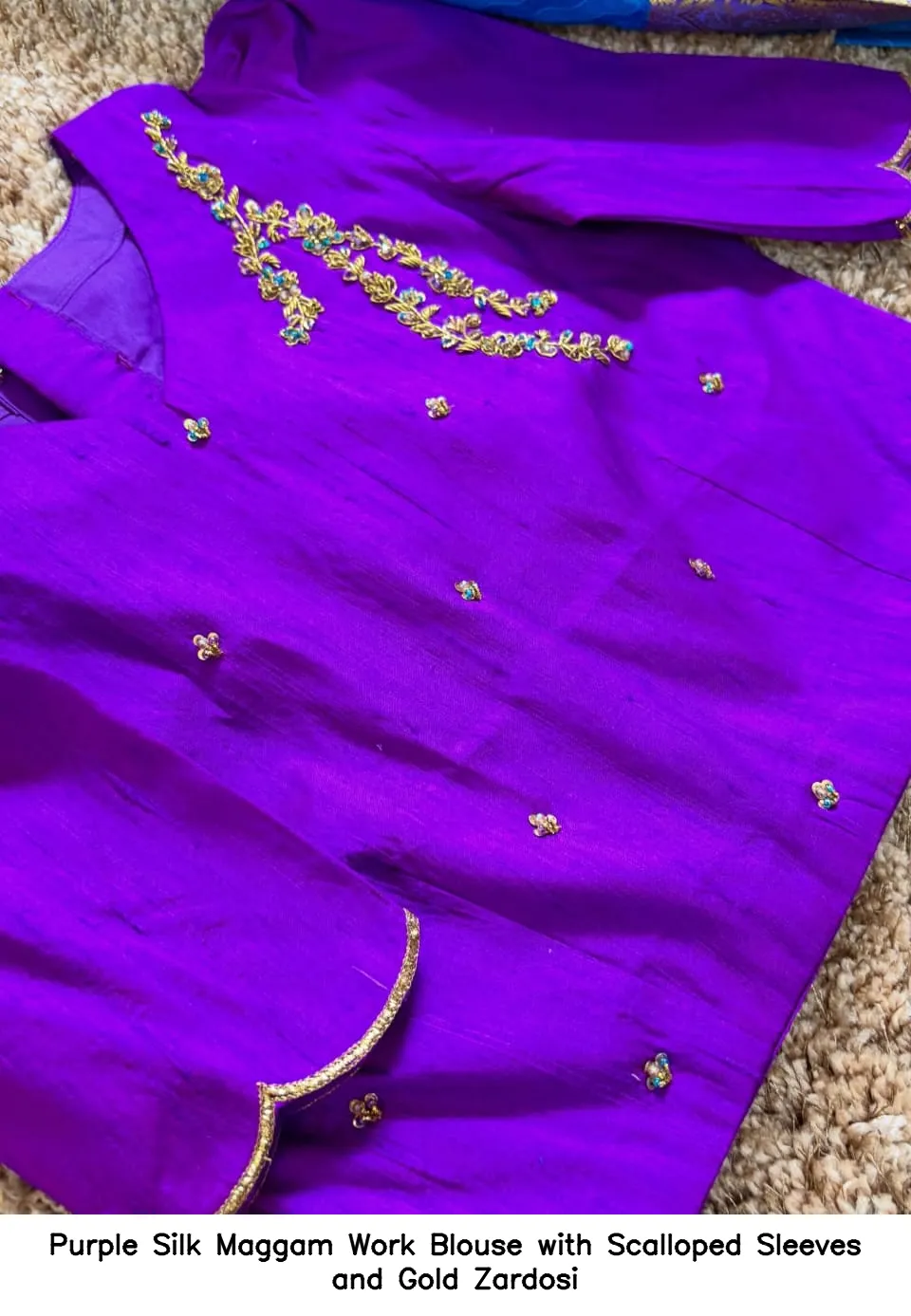 Purple Silk Maggam Work Blouse with Scalloped Sleeves and Gold Zardosi