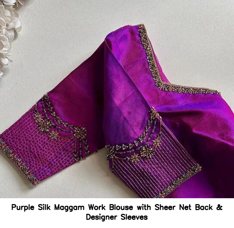 Purple Silk Maggam Work Blouse with Sheer Net Back & Designer Sleeves