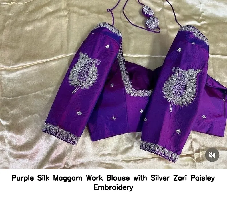 Purple Silk Maggam Work Blouse with Silver Zari Paisley Embroidery