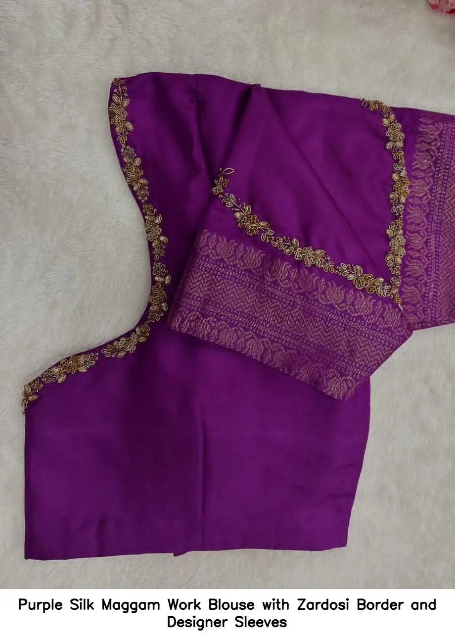 Purple Silk Maggam Work Blouse with Zardosi Border and Designer Sleeves - Xl