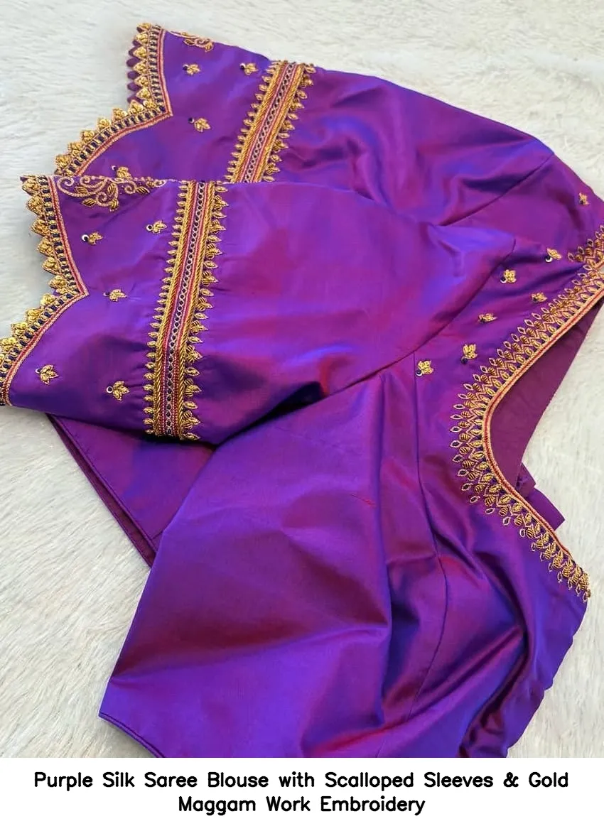 Purple Silk Saree Blouse with Scalloped Sleeves & Gold Maggam Work Embroidery
