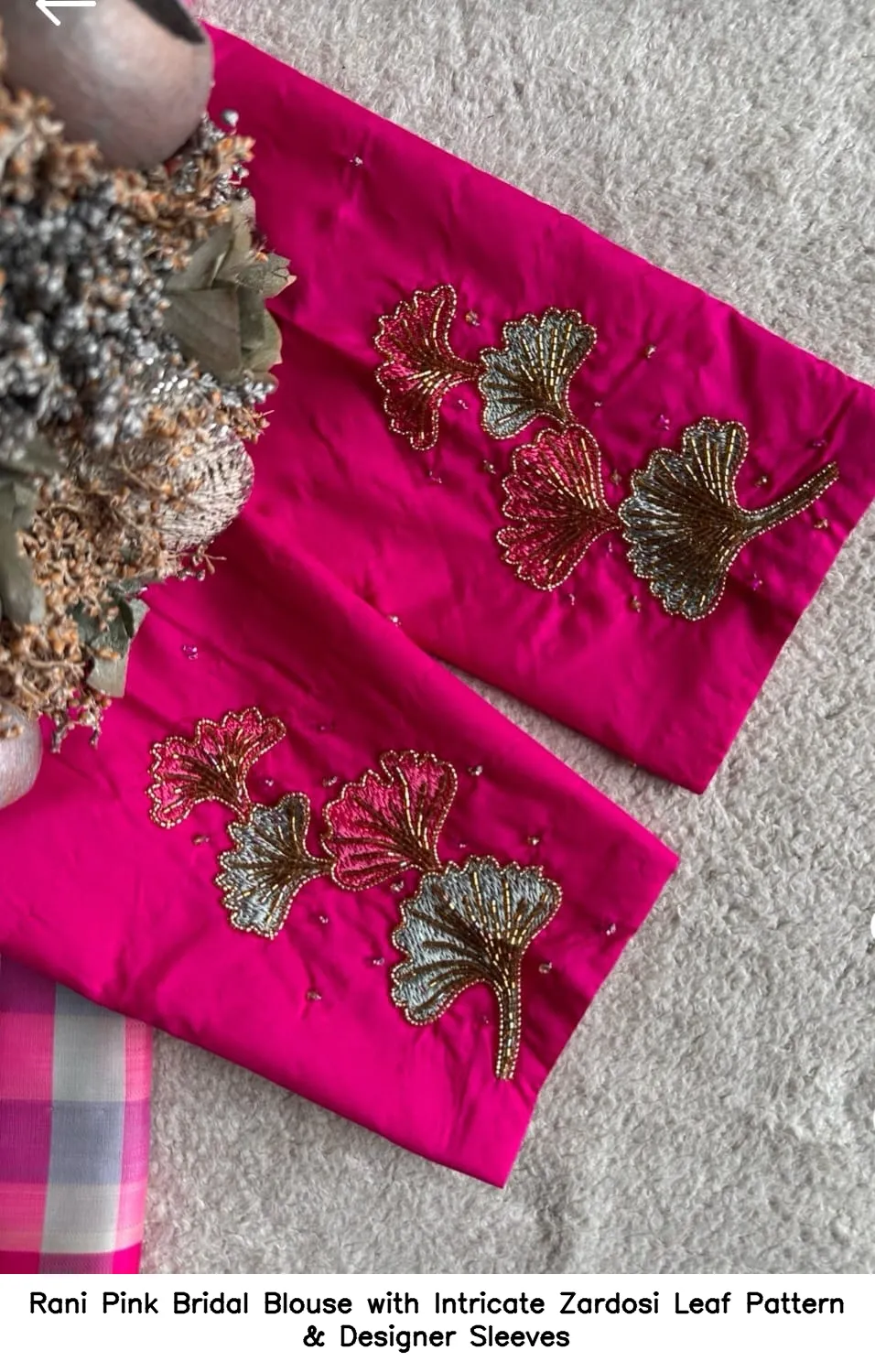 Rani Pink Bridal Blouse with Intricate Zardosi Leaf Pattern & Designer Sleeves