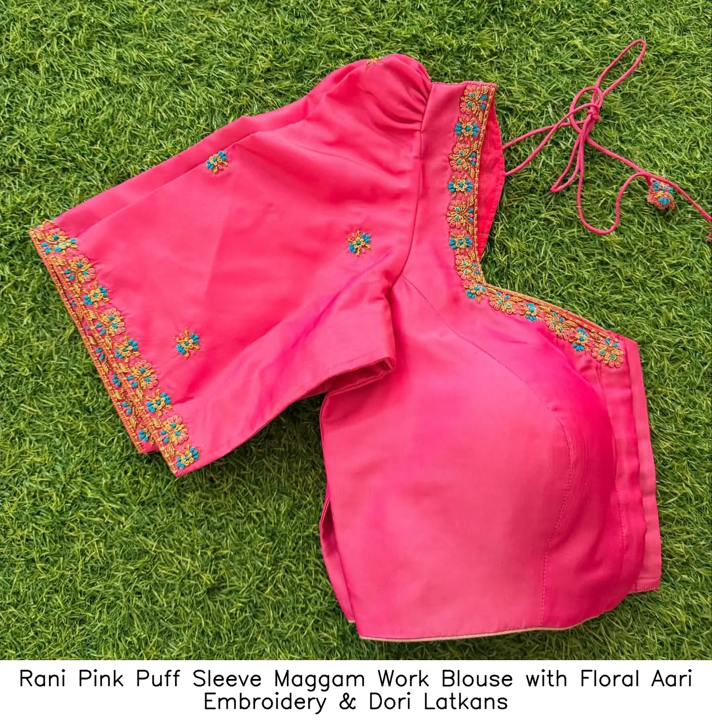 Rani Pink Puff Sleeve Maggam Work Blouse with Floral Aari Embroidery & Dori Latkans