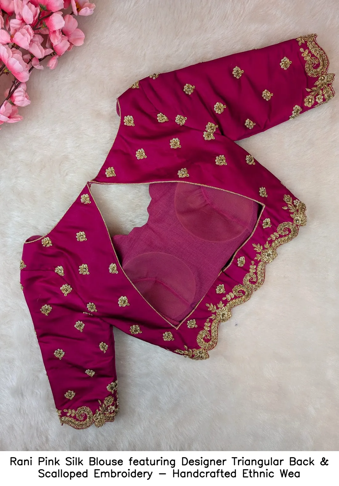Rani Pink Silk Blouse featuring Designer Triangular Back & Scalloped Embroidery - Handcrafted Ethnic Wea