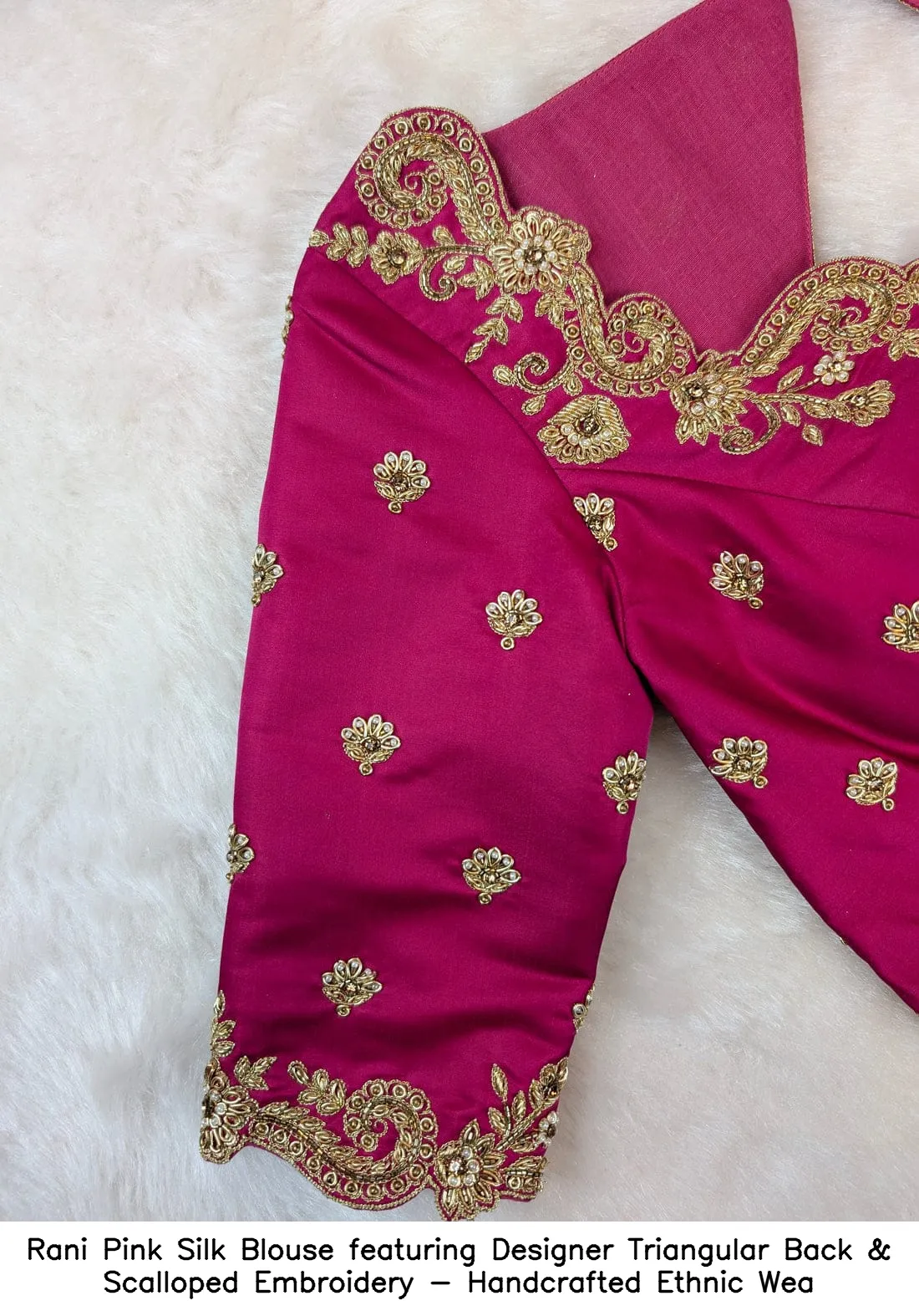 Rani Pink Silk Blouse featuring Designer Triangular Back & Scalloped Embroidery - Handcrafted Ethnic Wea - Image 2