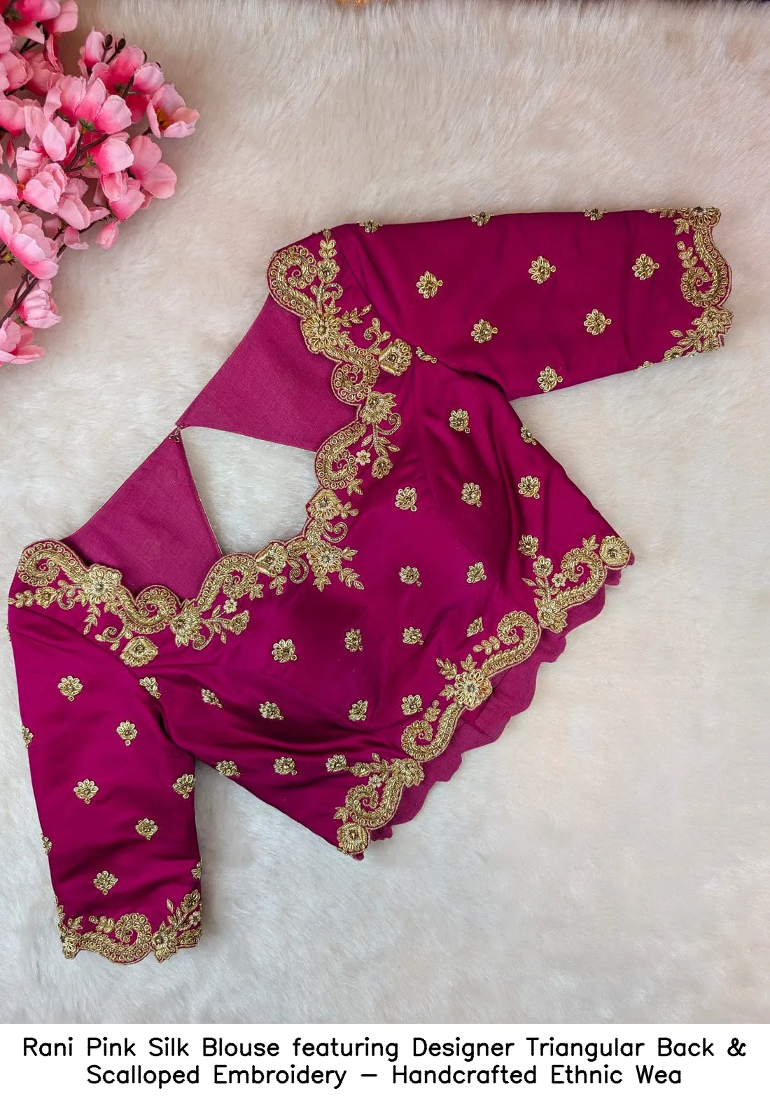 Rani Pink Silk Blouse featuring Designer Triangular Back & Scalloped Embroidery - Handcrafted Ethnic Wea - Image 3