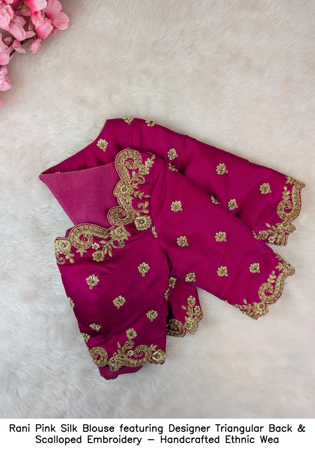 Rani Pink Silk Blouse featuring Designer Triangular Back & Scalloped Embroidery - Handcrafted Ethnic Wea - Image 4