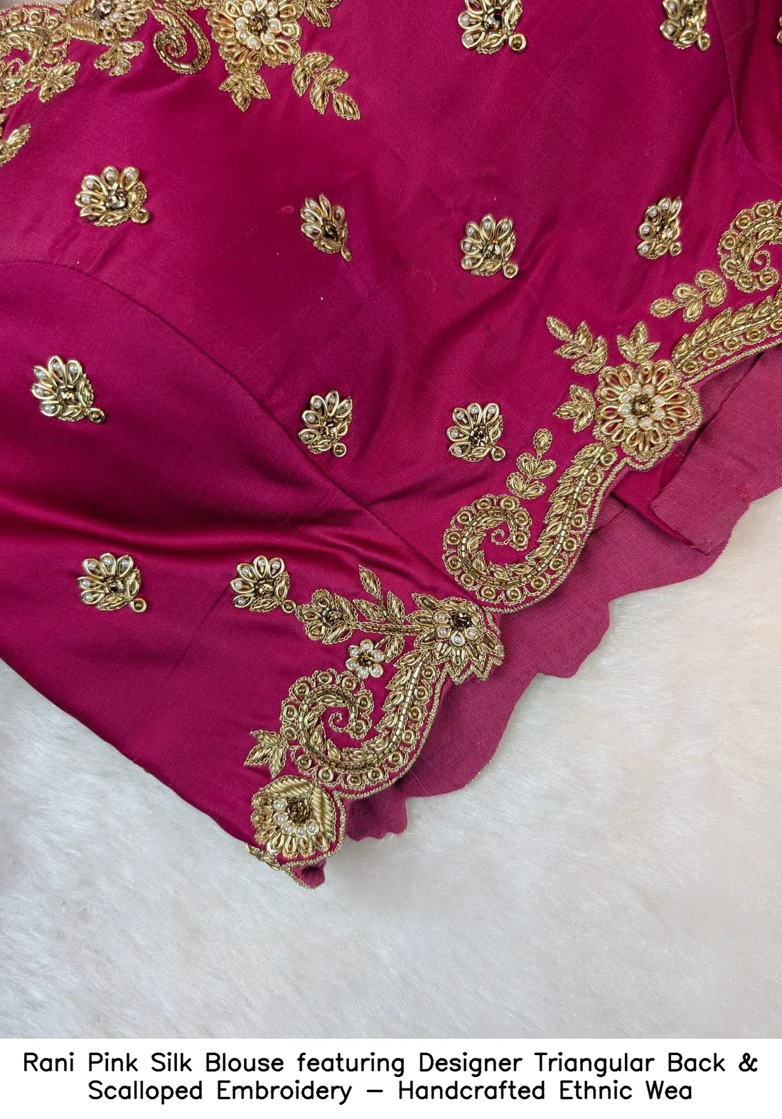 Rani Pink Silk Blouse featuring Designer Triangular Back & Scalloped Embroidery - Handcrafted Ethnic Wea - Image 5