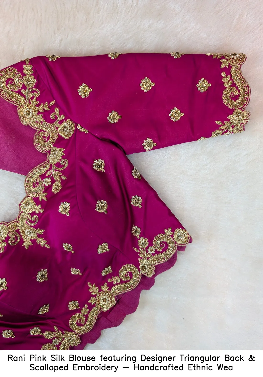 Rani Pink Silk Blouse featuring Designer Triangular Back & Scalloped Embroidery - Handcrafted Ethnic Wea - Image 6
