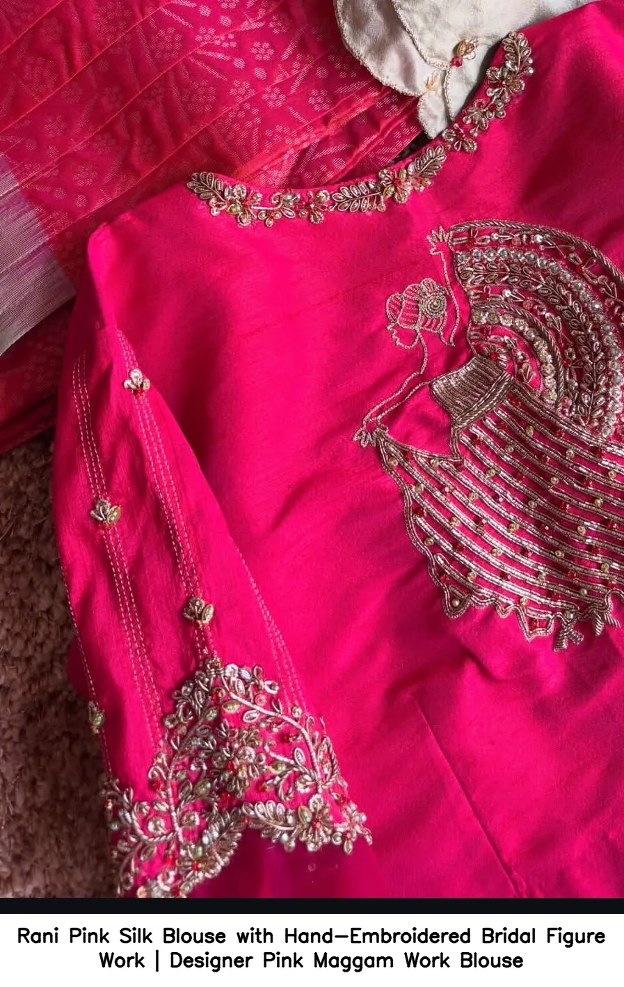 Rani Pink Silk Blouse with Hand-Embroidered Bridal Figure Work | Designer Pink Maggam Work Blouse