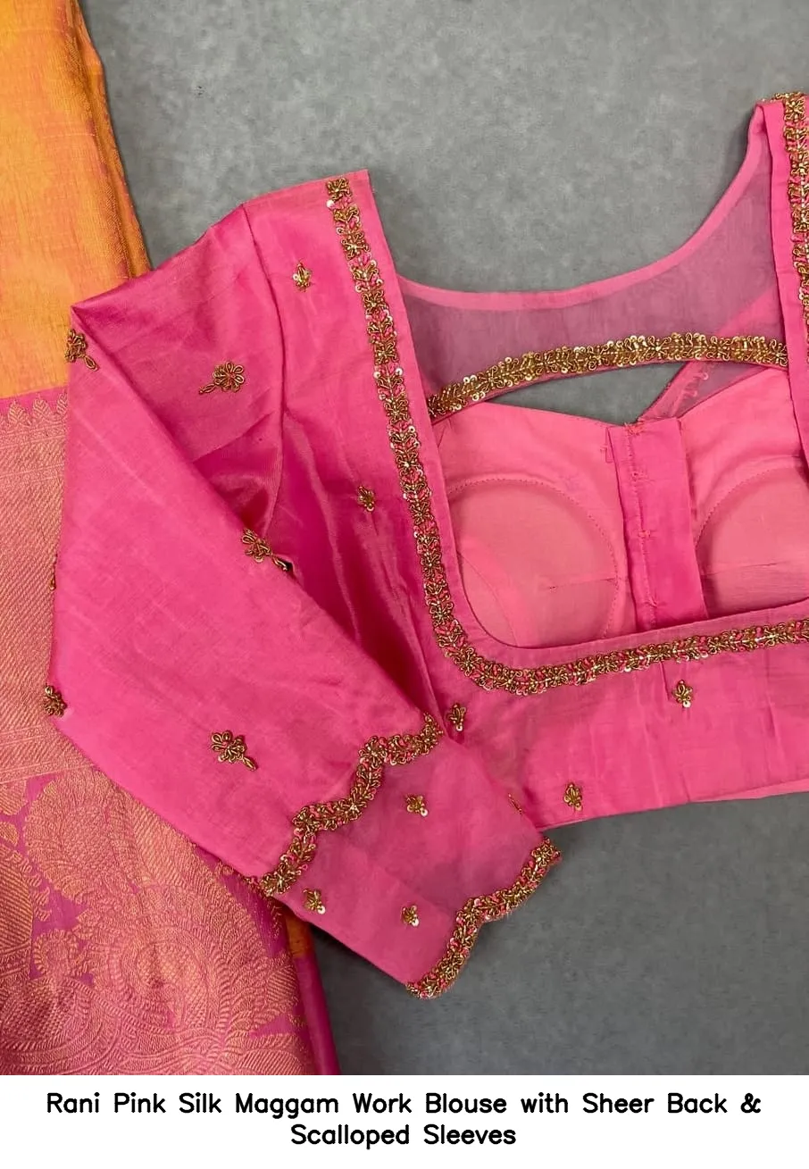 Rani Pink Silk Maggam Work Blouse with Sheer Back & Scalloped Sleeves