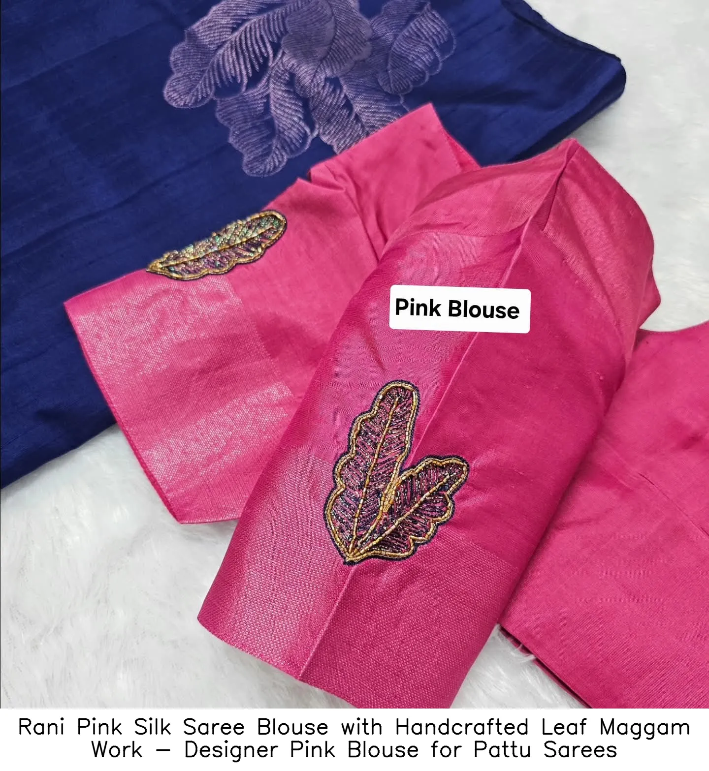 Rani Pink Silk Saree Blouse with Handcrafted Leaf Maggam Work - Designer Pink Blouse for Pattu Sarees