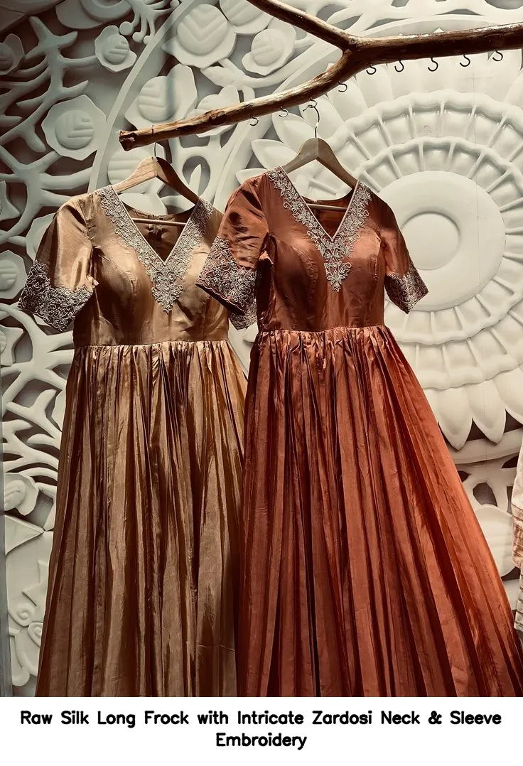 Raw Silk Long Frock with Intricate Zardosi Neck & Sleeve Embroidery