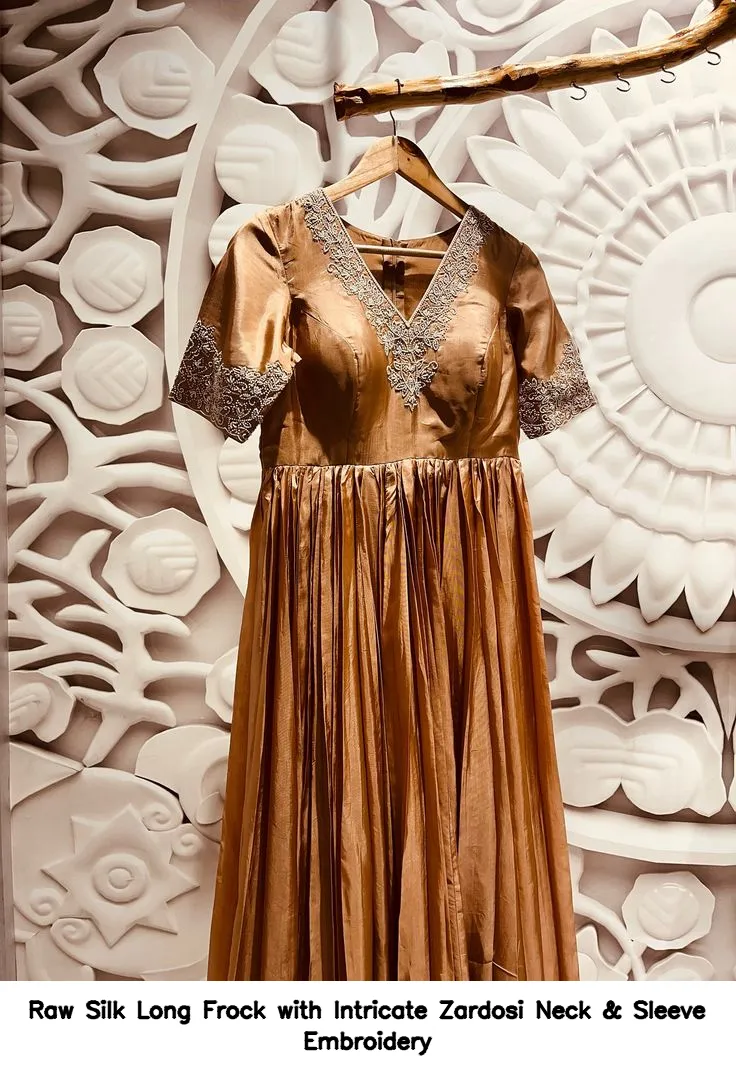 Raw Silk Long Frock with Intricate Zardosi Neck & Sleeve Embroidery - Image 2